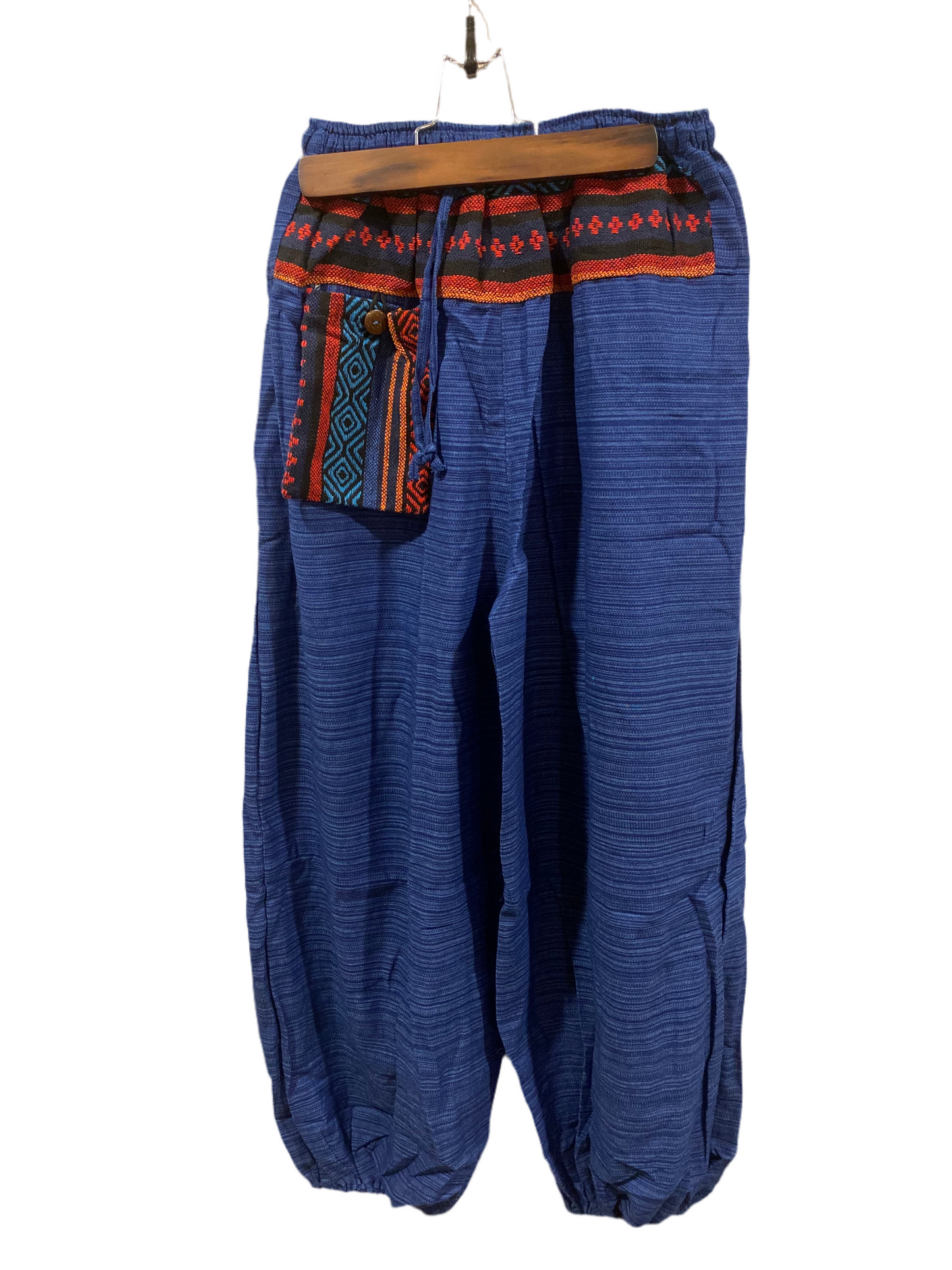 Beautiful Blue Cotton Harem Pants with Hill Tribe Trim and Outer Pocket