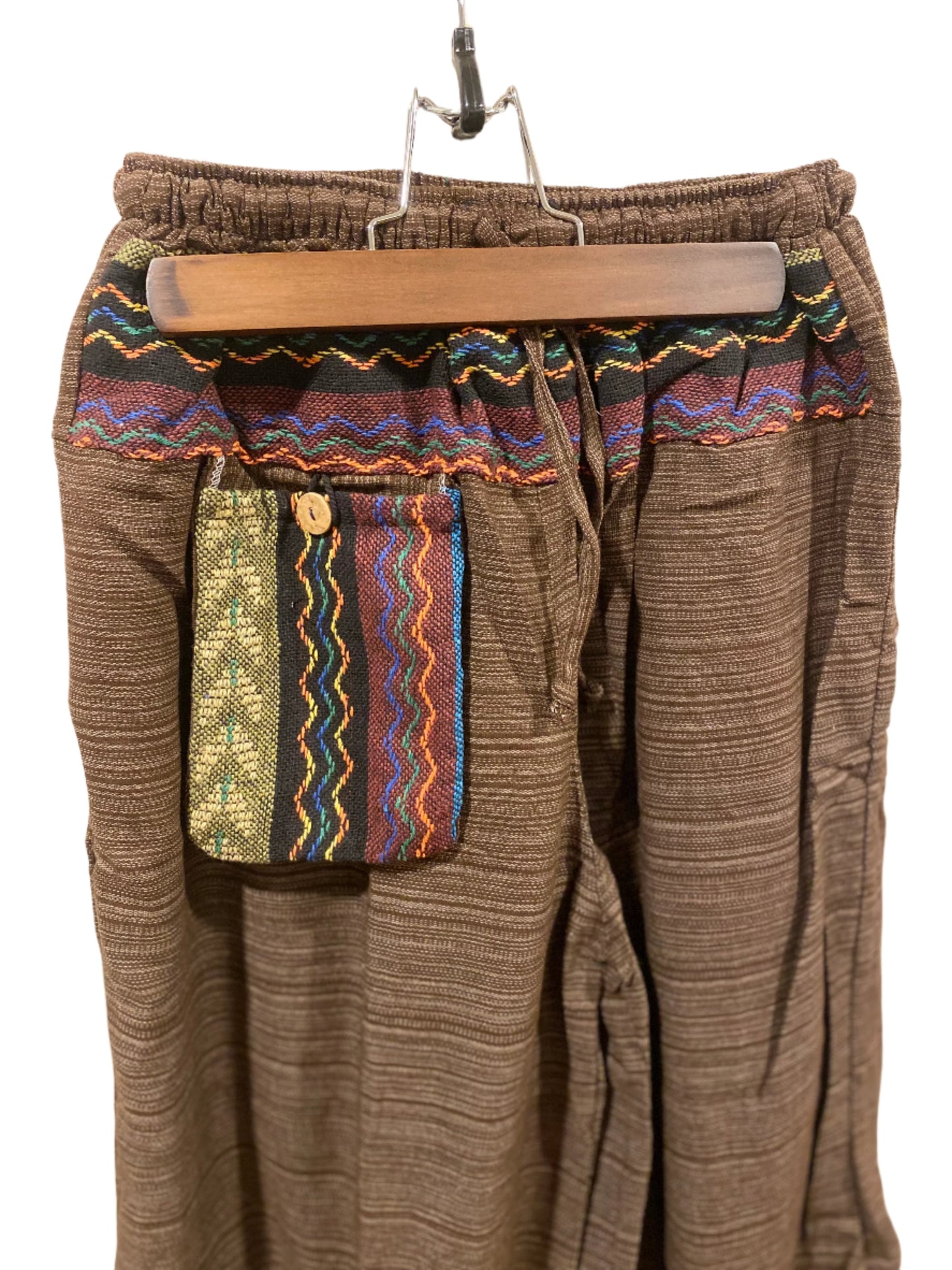 Brown 100% Cotton Harem Hippie Pants with Outer Pocket and Unique Hill Tribe Trim