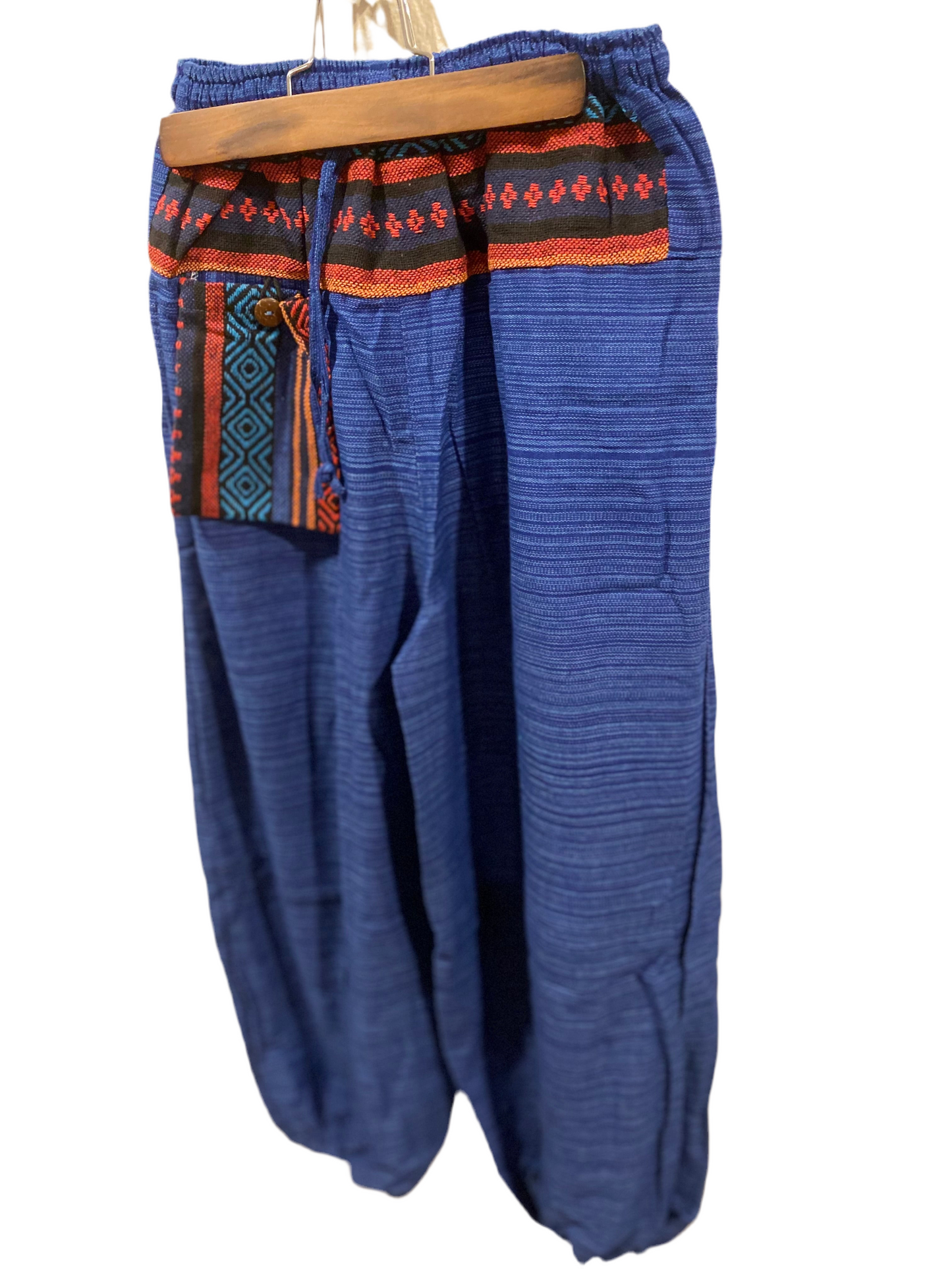 Beautiful Blue Cotton Harem Pants with Hill Tribe Trim and Outer Pocket