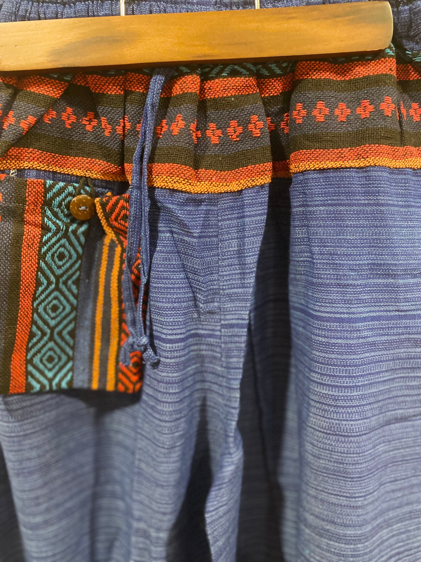 Beautiful Blue Cotton Harem Pants with Hill Tribe Trim and Outer Pocket