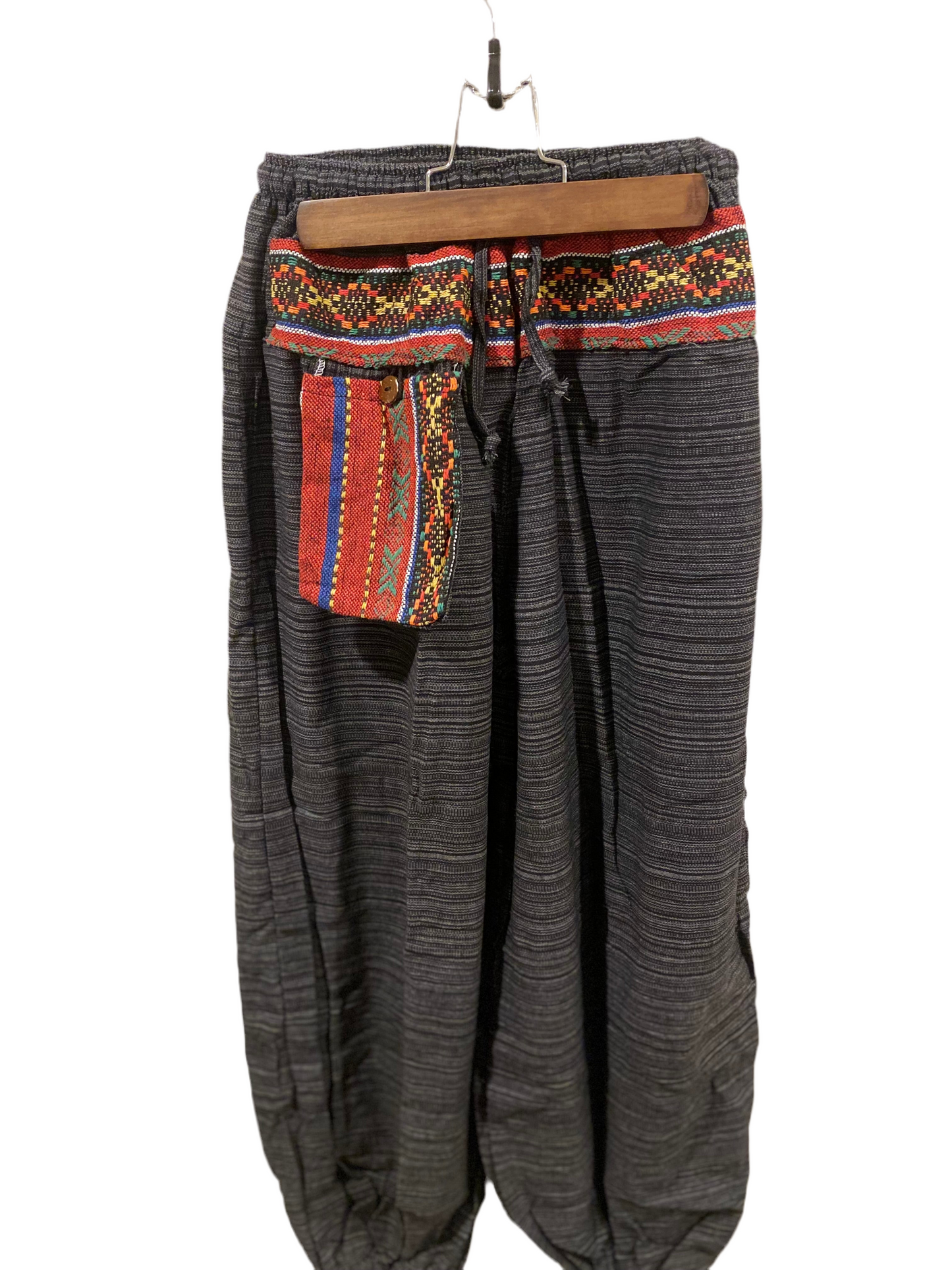 Black Gray High-Crotch Boho Harem Hippie Pants with Outer Pocket and Hill Tribe Trim