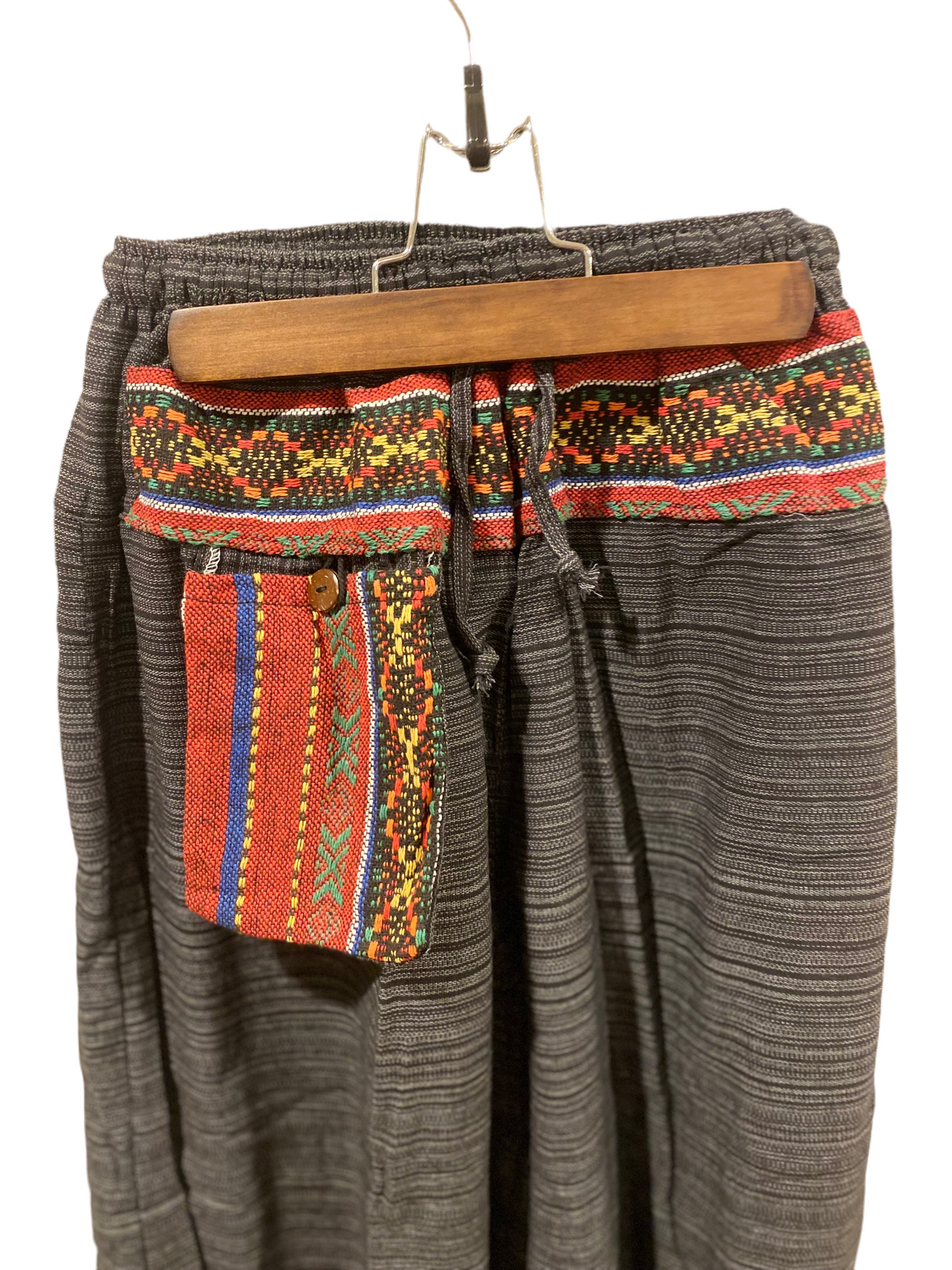 Black Gray High-Crotch Boho Harem Hippie Pants with Outer Pocket and Hill Tribe Trim