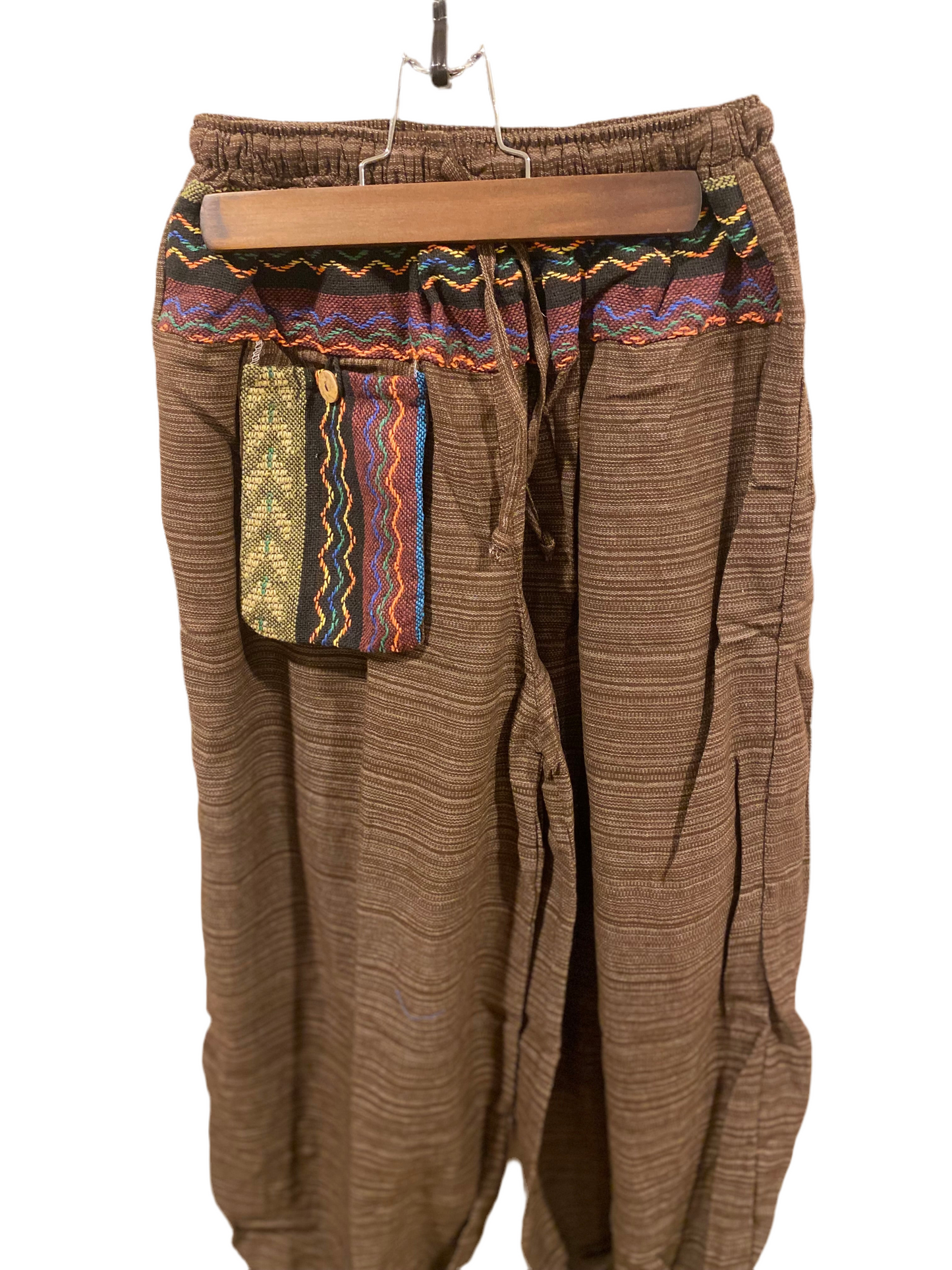 Brown 100% Cotton Harem Hippie Pants with Outer Pocket and Unique Hill Tribe Trim