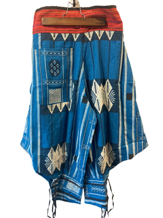 Traditional Hill Tribe Cotton Fabric Harem Pants with Ankle Straps in Blue