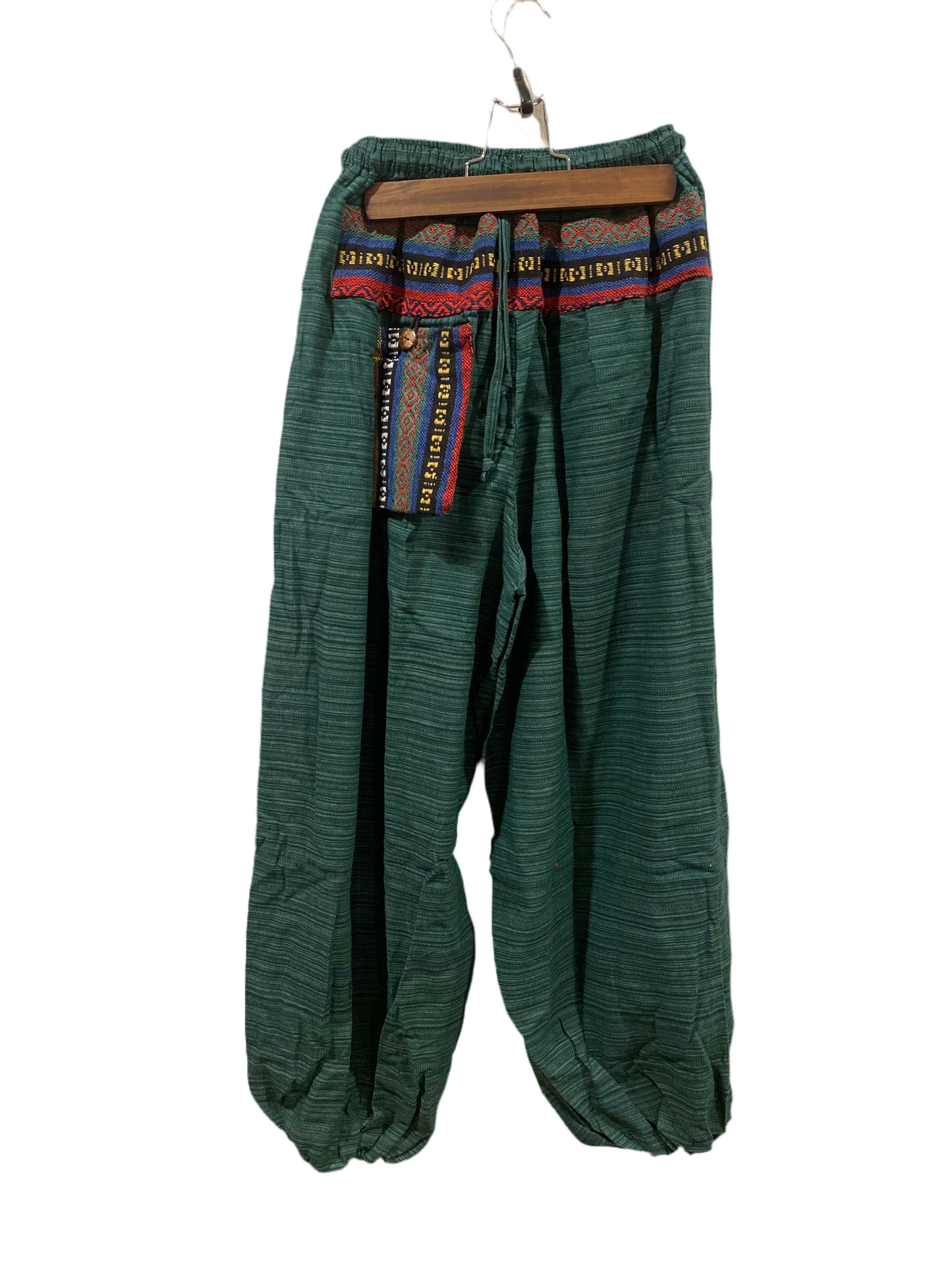 Beautiful Green Cotton High Crotch Harem Pants with Hill Tribe Fabric Trim