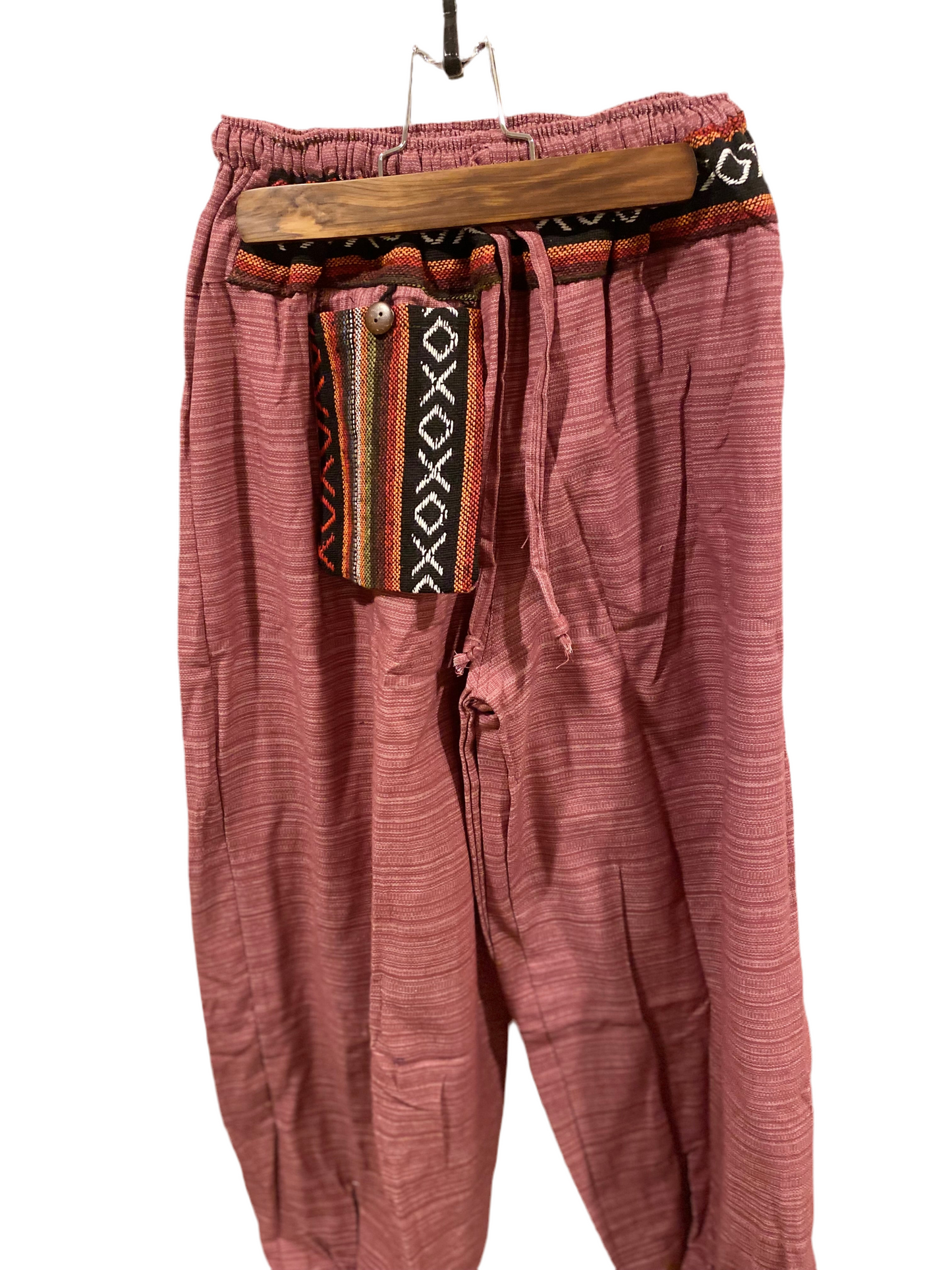 Loose-Fit Pink Cotton Harem Hippie Pants with Hill Tribe Fabric