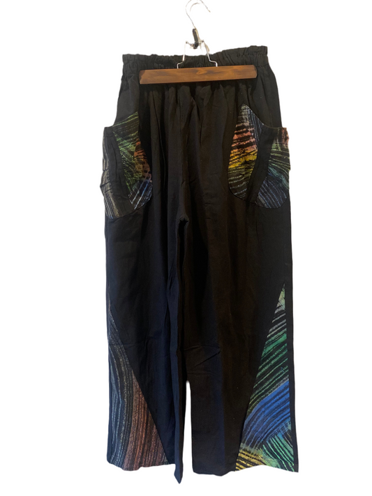 Black Cotton Pants with Tie Die Pockets and Hill Tribe Trim