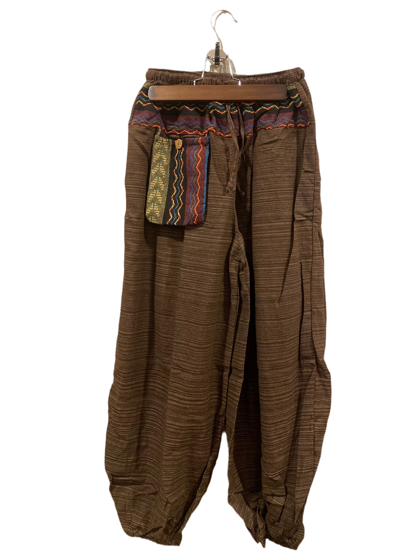 Brown 100% Cotton Harem Hippie Pants with Outer Pocket and Unique Hill Tribe Trim