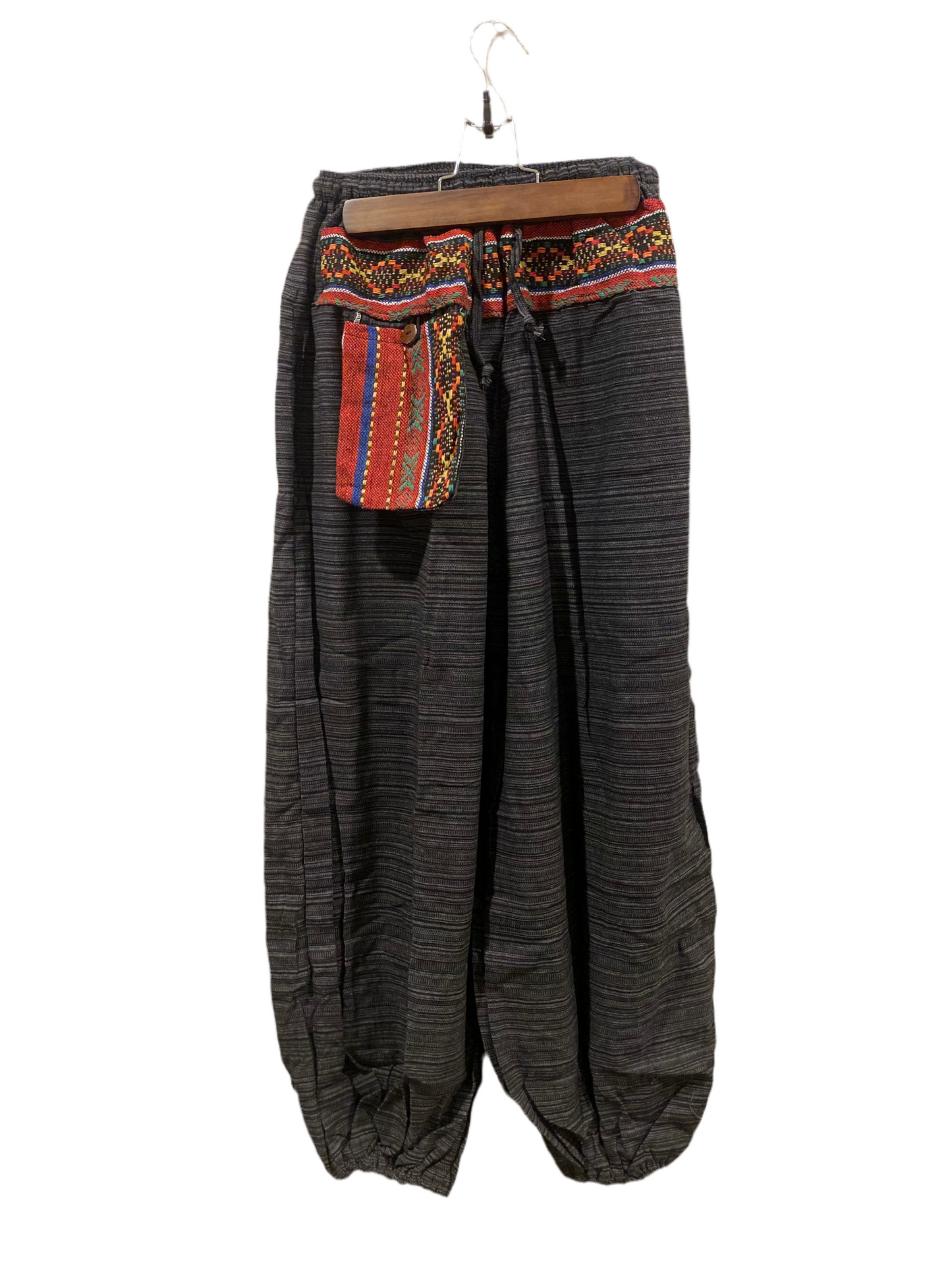 Black Gray High-Crotch Boho Harem Hippie Pants with Outer Pocket and Hill Tribe Trim