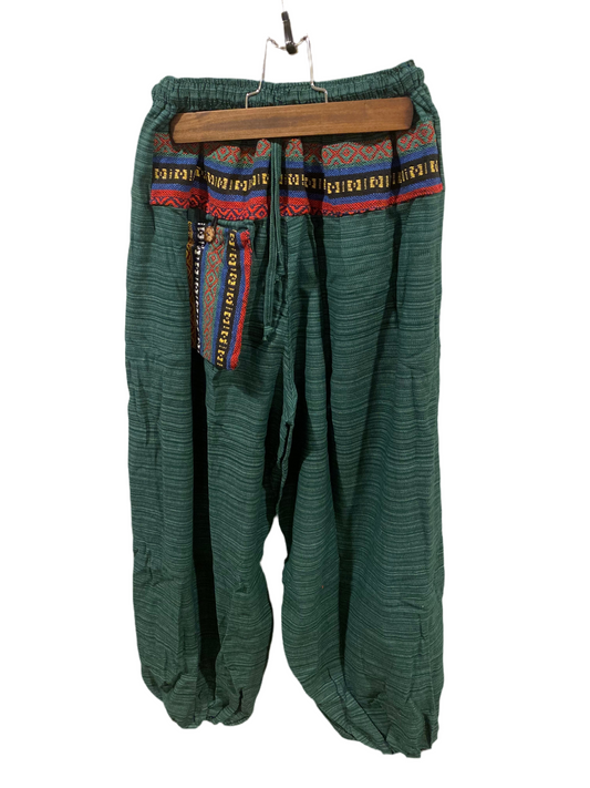 Beautiful Green Cotton High Crotch Harem Pants with Hill Tribe Fabric Trim