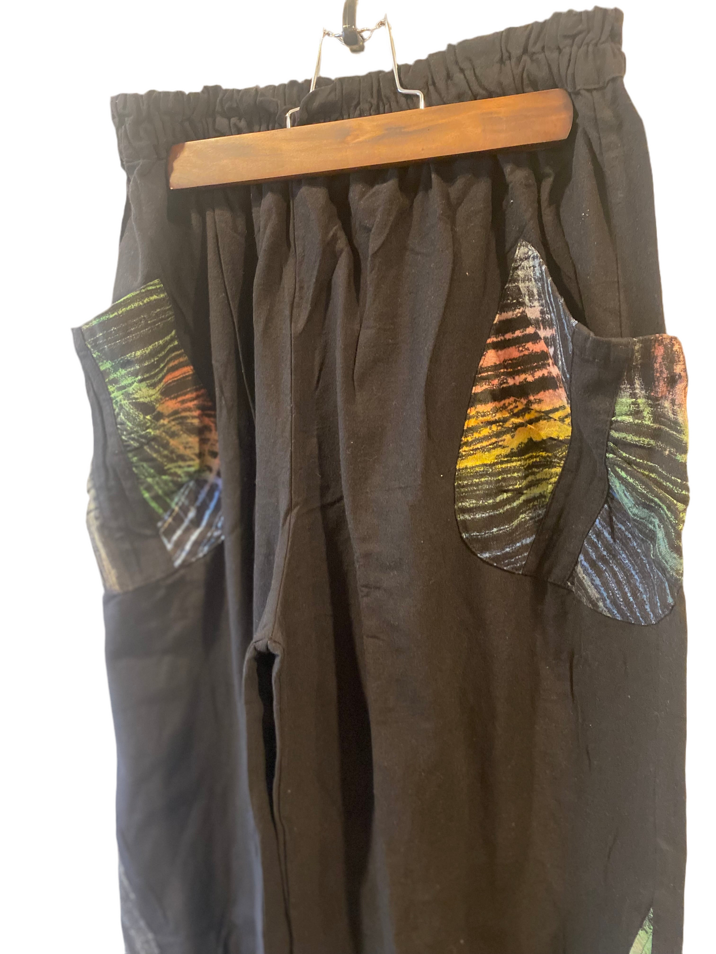 Black Cotton Pants with Tie Die Pockets and Hill Tribe Trim