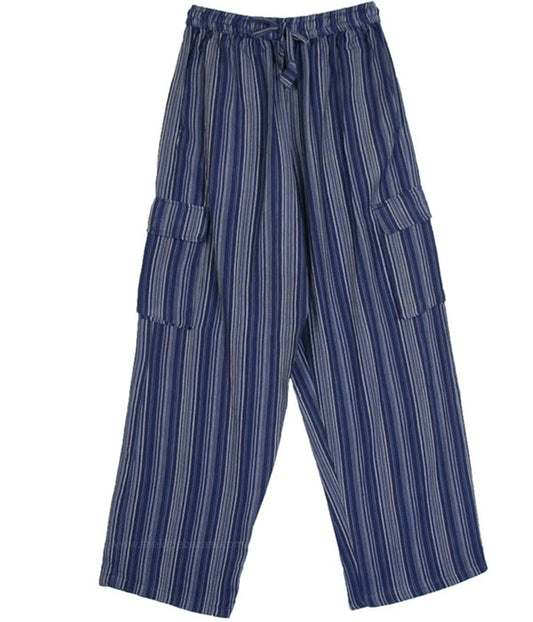 Handmade Blue-Gray Striped Hippie Cotton Cargo Pant