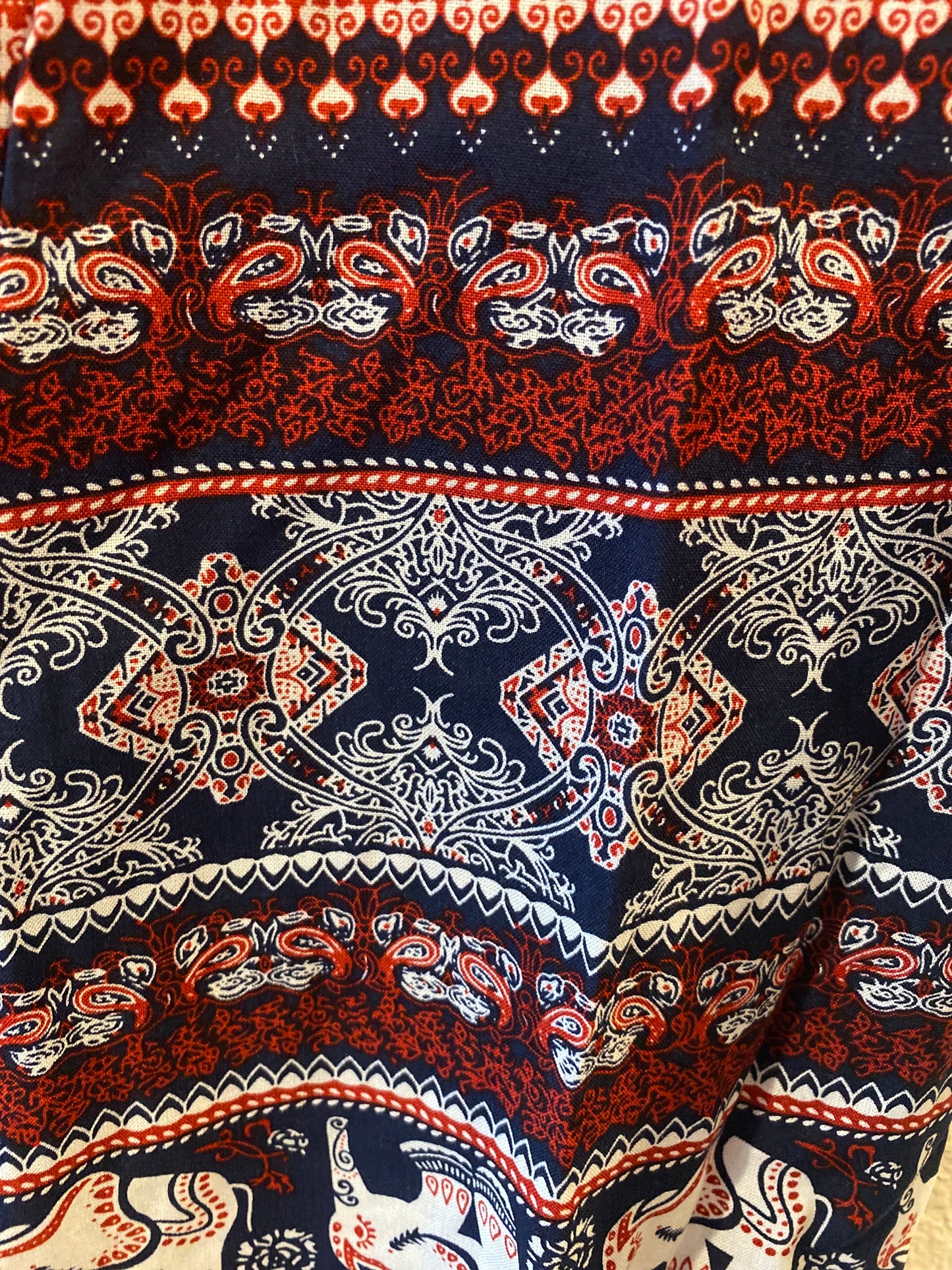 Close-Up of Red White Blue Elephant Pant Pattern