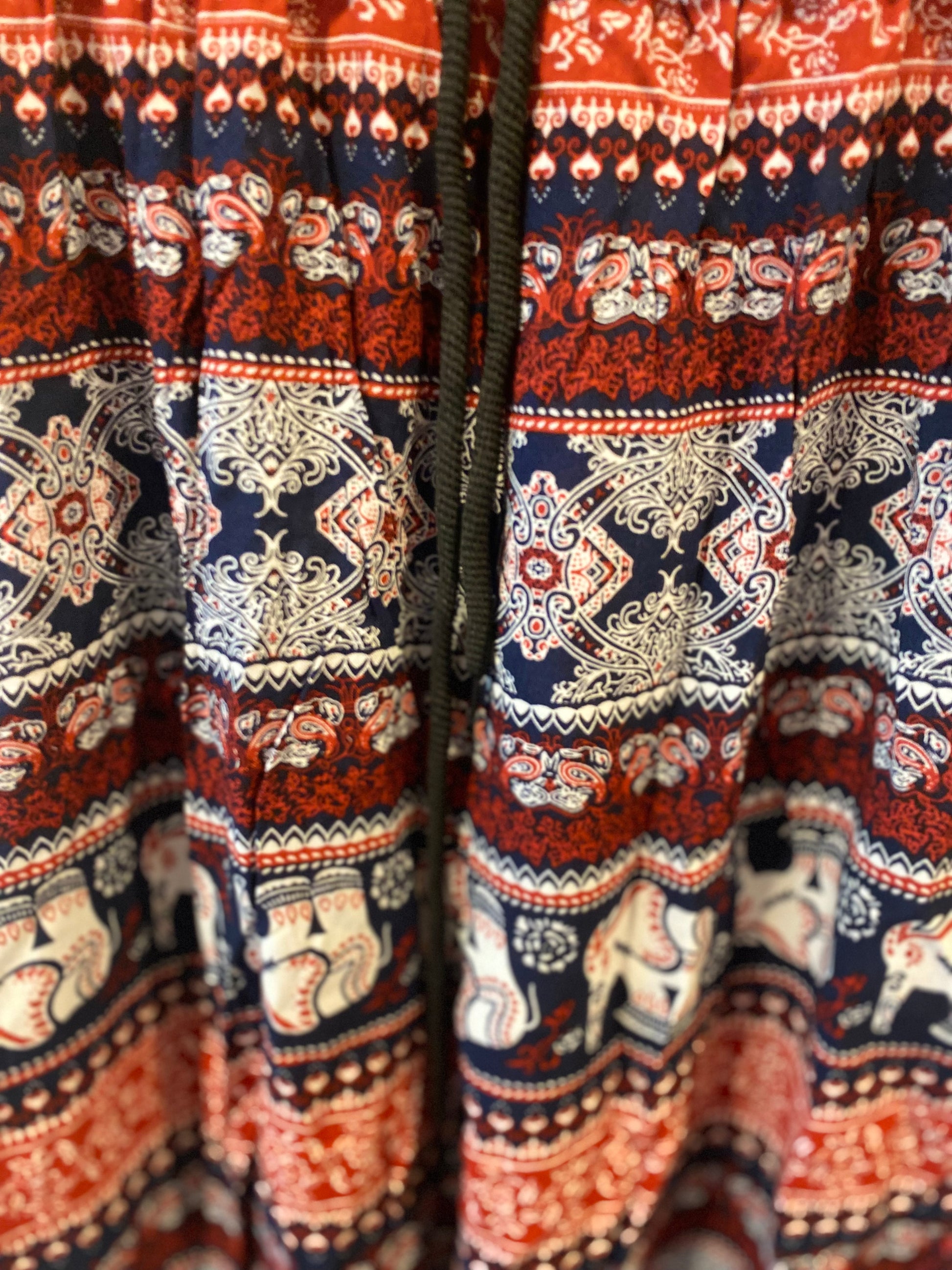 Close-Up Fabric of Red White Blue Elephant Pattern